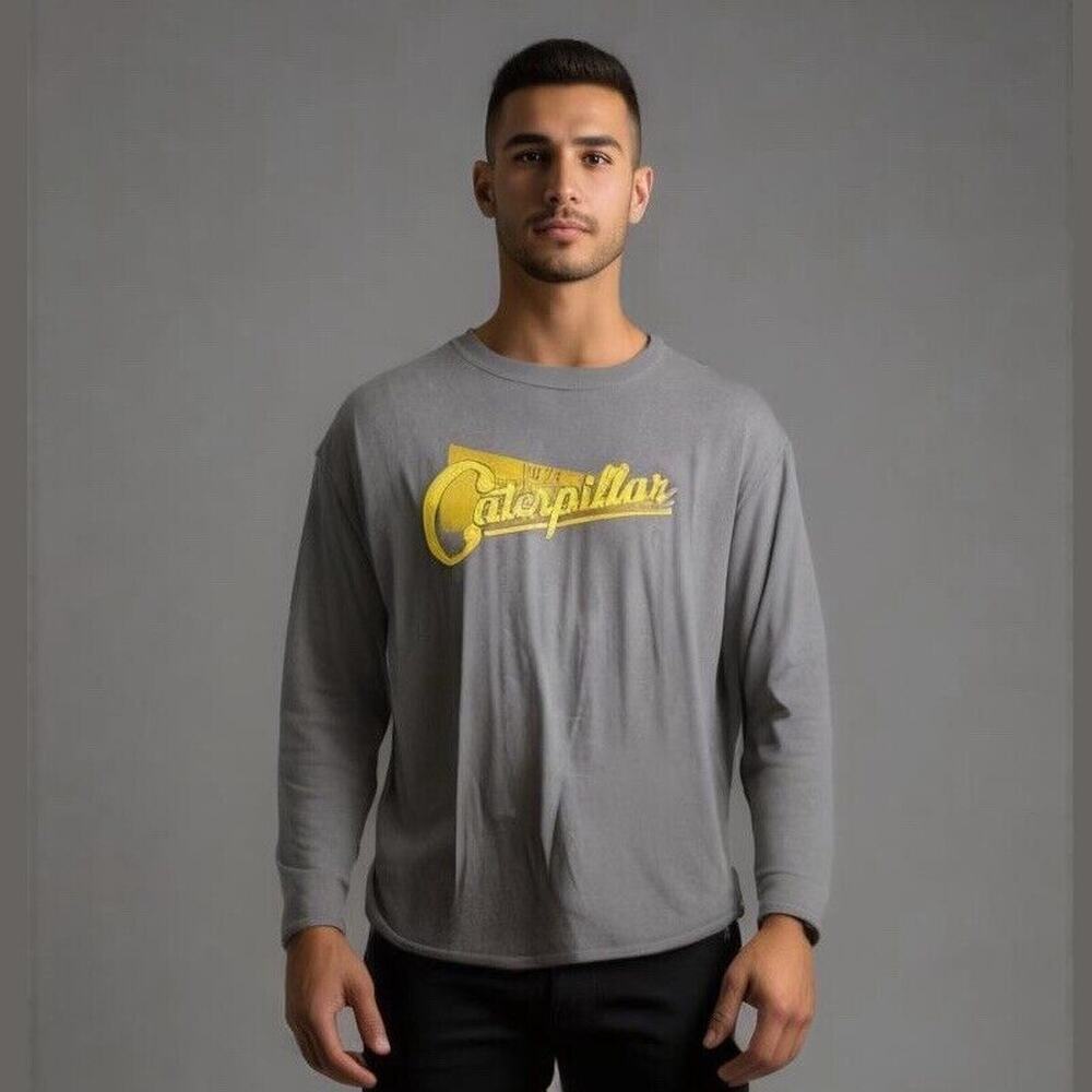 Caterpillar CAT Long Sleeve Graphic Tee Gray Yellow Vintage Style XL Rare